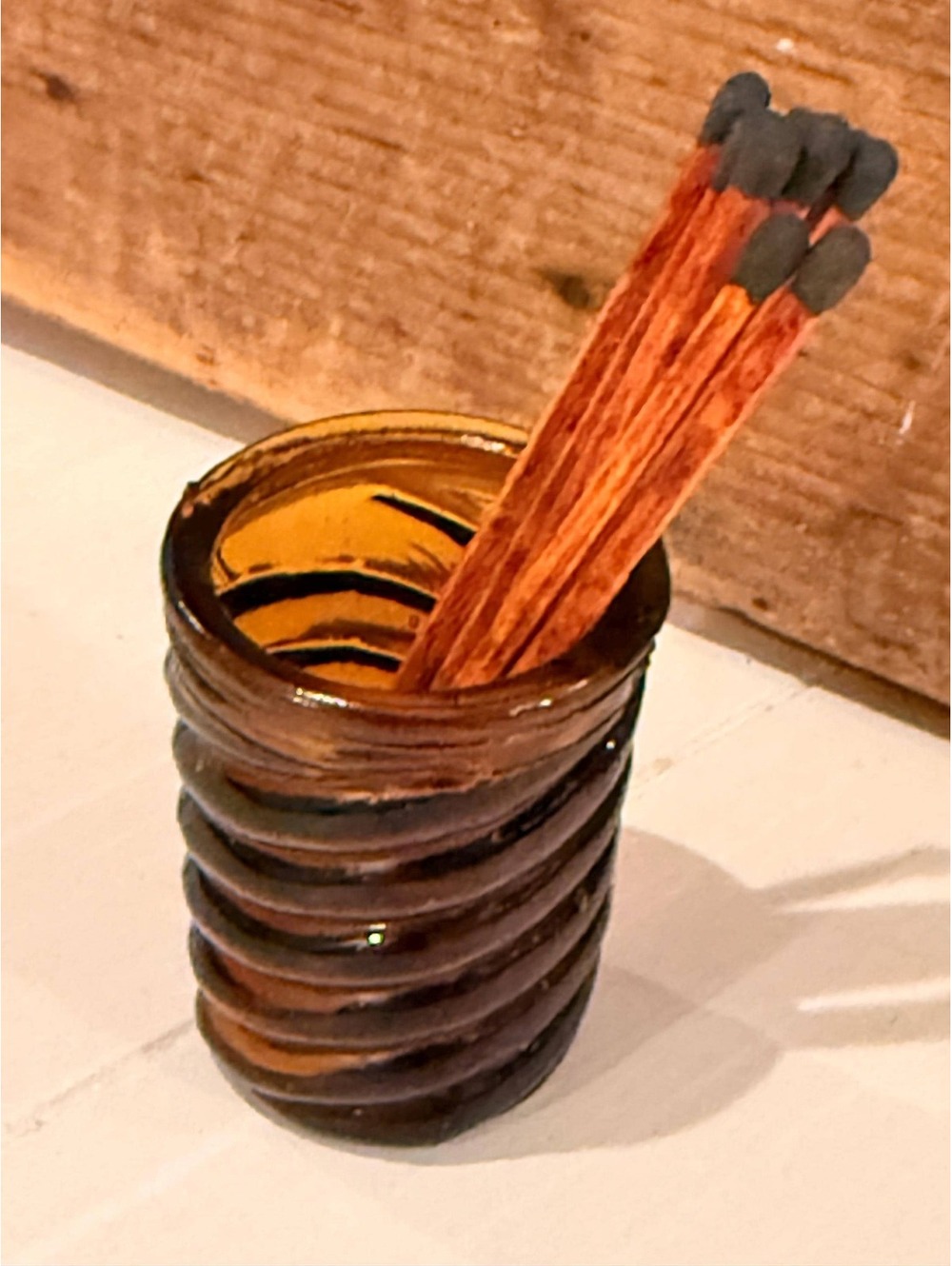 Vintage Amber Glass Toothpick Holder - Mid-Century Spiral Swirl Match Holder